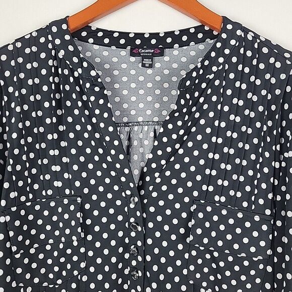 Cocomo Top Womens 3X Polka Dot 3/4 Roll Tab Sleeve Slinky V Neck Blouse Popover - Picture 2 of 10